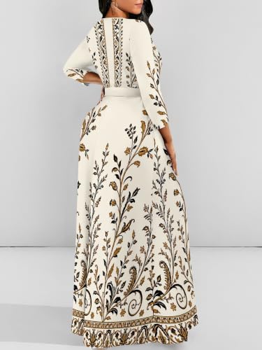 Image of Women Plus Size Long Sleeve V Neck Maxi Dress with Belt | Soft fabric relaxed fit three quarter sleeve v neck with pockets for party and daily wear