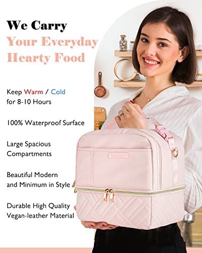 Glorieroo® Lunch Bag Women Men, Large Insulated Lunch Box Tote Cooler - Stylish Vegan Leather 2 Tier Lunch Bag With Adjustable Shoulder Strap For Adults Travel Work, Pink #TOP3