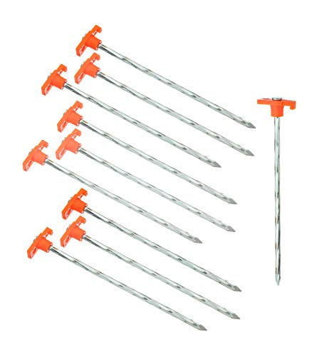 SE 10” Metal Twisted Tent Pegs with Orange Plastic Stoppers (10-Pack) - 909NRC-T10