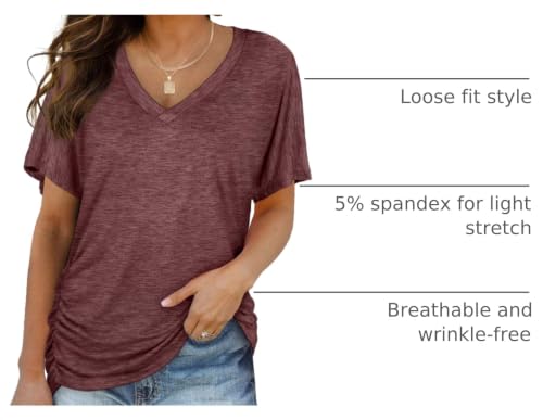 Image of WIHOLL Womens Summer T-Shirts Short Sleeve V Neck Dolman Tops with Side Shirring Loose Fit Shirts Spring Fashion
