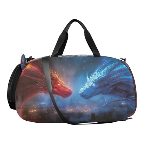 YETTASBIN Sport Travel Duffel Bag for Girls Boys, Red Blue Dragon Large Waterproof Weekender Overnight Bag, Detachable Shoulder Strap Gym Bag with Shoe Compartment & Wet Pocket2