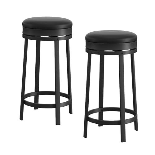 Butacos giratorios GarveeHome, juego de 2 unidades, altura para barra (24,4 pulgadas), con cojín tapizado en cuero sintético PU, sin respaldo, redondos, con estructura metálica para cocina o bar en casa, color negro miniatura 7