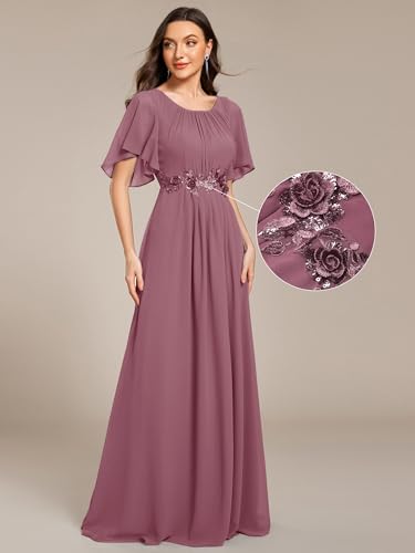Image of Ever-Pretty Women's Classic Round Neck Pleated Short Sleeves Chiffon Appliques Floor Length A Line Formal Evening Dresses