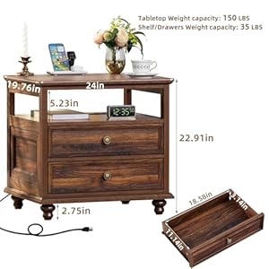 Farmhouse nightstand with charging station 24 wide end table with 2 drawers dresser for bedroom bed side table chest of drawers cabinetbrown wood night stand for living room closet  urban country home decor