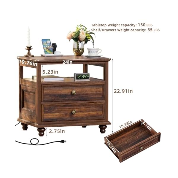 Farmhouse nightstand with charging station 24 wide end table with 2 drawers dresser for bedroom bed side table chest of drawers cabinetbrown wood night stand for living room closet  urban country home decor