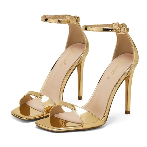 GENSHUO High Heeled Sandals for Women One Strap Heels with Square Open Toe 4 inch Stiletto Ankle Strap Shoes Elegant Sexy Dress Wedding Party Gold Patent Size 7