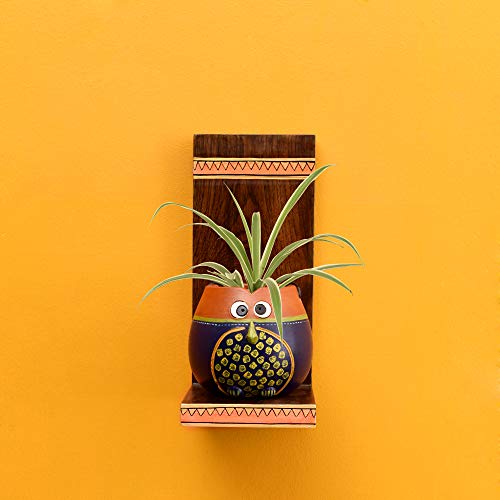 Image of AAKRITI ART CREATIONS Hooting Owl Wall Decor Shelf with Earthen Planter | Handmade Wooden Wall Hanging Shelf with Terracotta Planter | Matte Finish Wall Art for Living Room, Balcony & Gifting