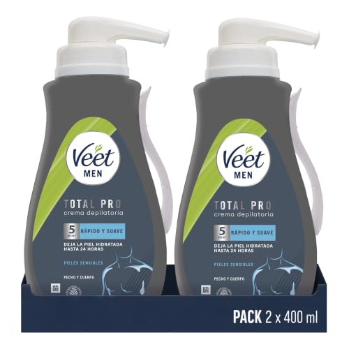 Veet Men Crema Depilatoria Masculina para Pecho Espalda Brazos y Piernas, Pieles Sensibles, Color Gris, 400 ml (Paquete de 2)