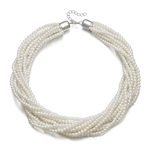 Ever Faith Vintage 10 Layered Cream Faux Pearls Choker Necklace for Women, 1920s Cosply Themed Party Accessories Multi-Strand Simulated Pearl Bib Collar Statement Necklaces for Prom