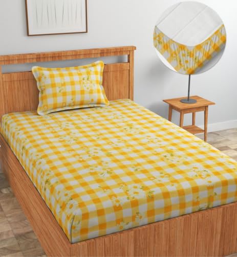 Image of NHD HOME Premium Microfiber Elastic Fitted Bedsheets with 1 King Size Pillow Covers | Single Mattress Bed with All Around Elastic 200 TC Supersoft | Size - 72 x 36 +6 inches | Sunflower Gingham