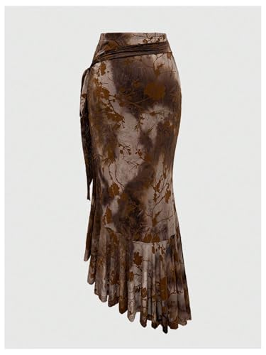 Verdusa Women's Vintage Floral Fishtail Bodycon Renaissance Skirt Side Tie Ruffle Asymmetrical Long Skirt2