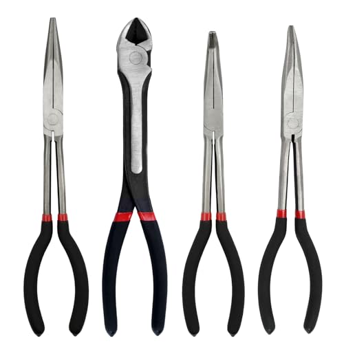 Image of 4 Piece 11 inch Extra Long Needle Nose Pliers Set with Insulated Comfort Grip
