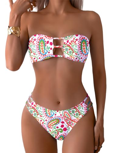 Tainehs Women's Two Piece Strapless Bikini Sets Bandeau Cutout Swimsuit High Cut Bathing Suits