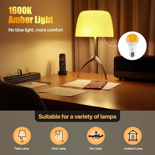 LLLPRT 3W Amber Night Light Bulbs, 2 Pack Dimmable LED Warm White 1600K, Sleep Aid, Blue Light Blocking, Energy Saving, E26 Base Soft Light Bulb for