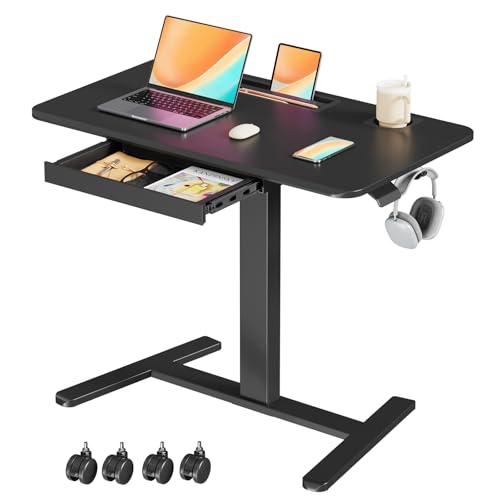 Image of Mobile Standing Desk with Drawer, 35 inch Small Standing Desk with Cup Holder, Rolling Laptop Cart on Wheels, Height Adjustable Table with Storage for Home Office, Black