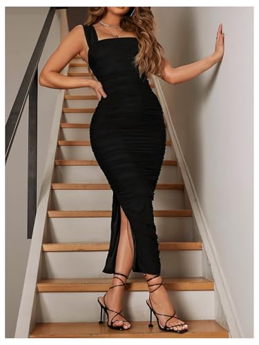 Image of SOLY HUX Women's Elegant Square Neck Sleeveless Bodycon Dresses Cocktail Party Slit Long Tank Dress Solid Black X-Large