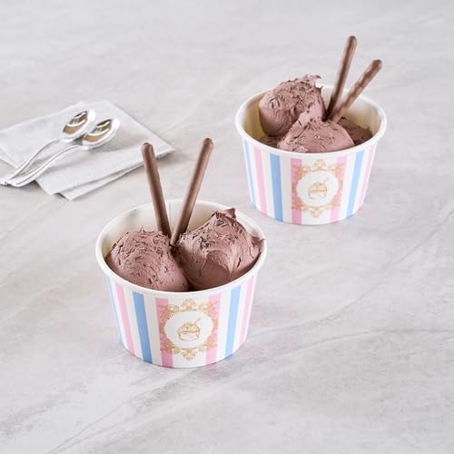 Image of Coppetta 8 Ounce Dessert Cups, 200 Greaseproof Ice Cream Cups - Lids Sold Separately, For Hot And Cold Foods, Pink And Blue Stripe Paper Yogurt Bowls, Disposable, Sturdy - Restaurantware