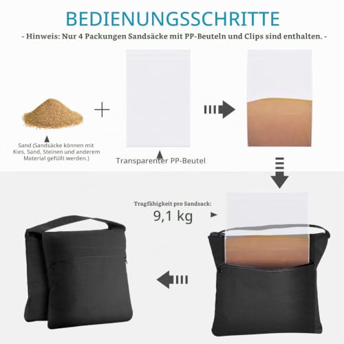 Foto von Neewer 4 Pack Fotografie Heavy Duty Sandsäcke Saddlebag Design 4 Gewicht Taschen für Foto Video Studio Stehen Hinterhof im Freien Terrasse Sport, transparente PP Tasche und Clips enthalten (schwarz)