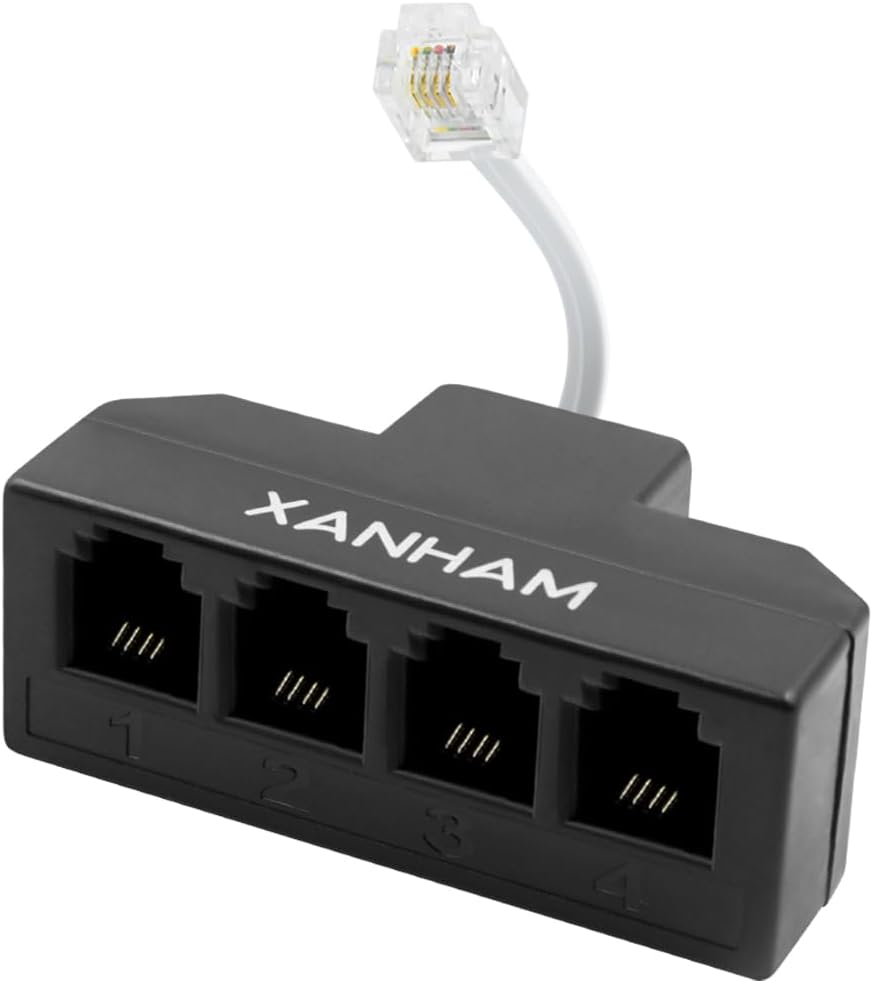 RJ11 Cable 4 Way Splitter 6P4C Connector Phone Line Cord Adapter with 3 inch Cable for Landline Telephone Wire, Black, AV01403