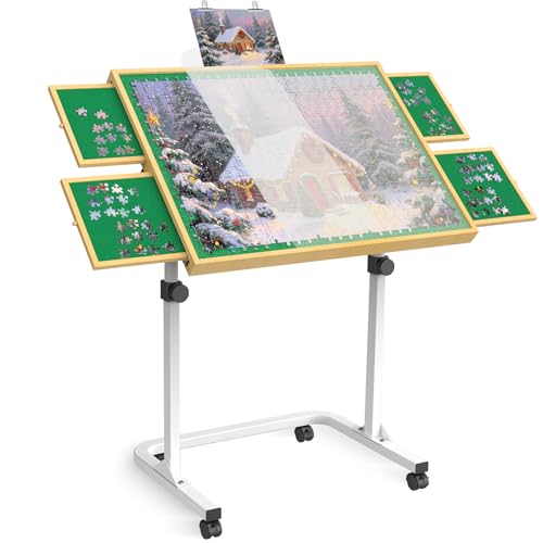 Image of Jigsaw Puzzle Table 1500 Pieces,Adjustable Height&Up Puzzle Table with draswers and Cover,Puzzle Tables for Adults with Drawers, for Puzzle Doer(Green Color