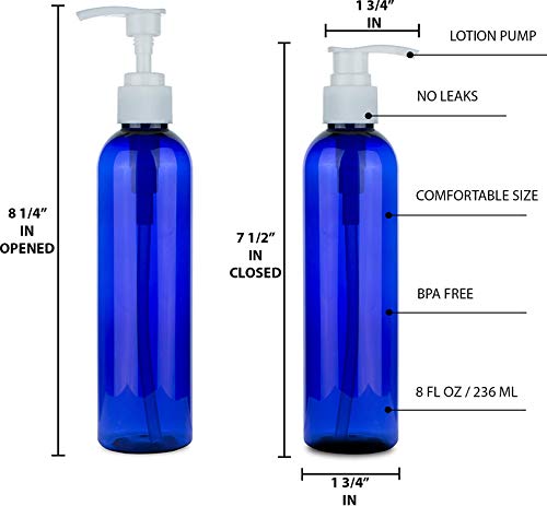 Empty Lotion Pump Bottles, 8 Ounce Round, BPA-Free Refillable Plastic Containers, PETE1 Cobalt-Blue, Great for - Soap, Shampoo, Lotions, Liquid Body Soap, Creams and Massage Oil\'s (Pack of 3)