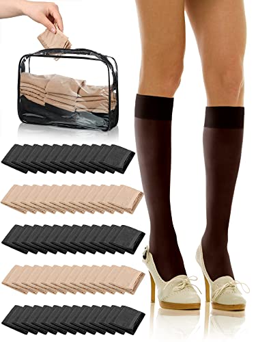 Image of 50 Pairs Sheer Knee Stockings Bulk for Women Nylon Knee Highs Pantyhose Socks for Lady with PVC Makeup Bag