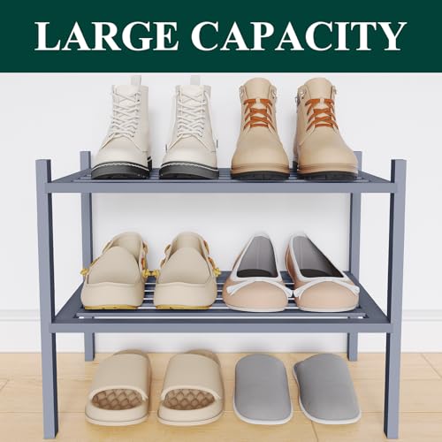 Image of Smiry Bamboo Shoe Rack, 5 Horizontal Slats, 2 Tier - 17.3 inch Wide, Grey