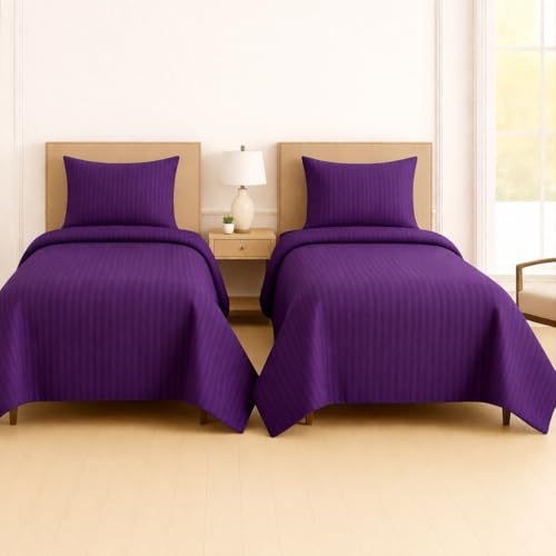 Image of DECOR2ADMIRE 300 Thread Count Premium Glace Cotton Plain Stripe Single Bedsheet with One Pillow Cover (60 inch x 90 inch) (Purple, Pack of 2)