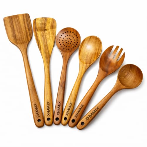 XHAMIX Wooden Utensil Set for Cooking &ndash; 6 Piece Teak Wooden Spoons for Cooking, Nonstick Safe...
