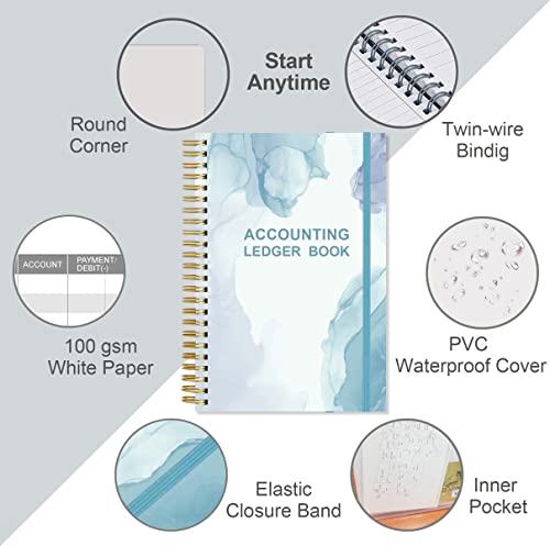 Simplified Accounting Ledger Book - A5 Accounting Log Journal For Small Businesses & Personal Use, Account Book For Tracking Money, Expenses, Deposits & Balance, 5.8" X 8.4", Watercolor Blue #TOP1