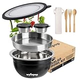 Wyliepop 64oz Stainless Steel Salad Bowl Kit & 3Pcs Bamboo Cutlery Set with 2x Condiment Containers,...