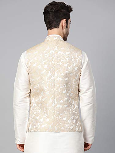 Image of MANQ Men Fawn Woven Jaquard Silk Nehru Jacket (Size:36)