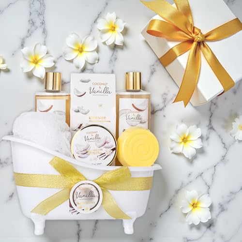 Image of Mothers Day Gifts for Women and Men - 8-Piece Bath Kit Coconut Vanilla Bath & Body Gift Set for Women Self Care Spa Gift Baskets | Perfect Gifts for Mom, Birthday Gift, All Occasion Holiday Present
