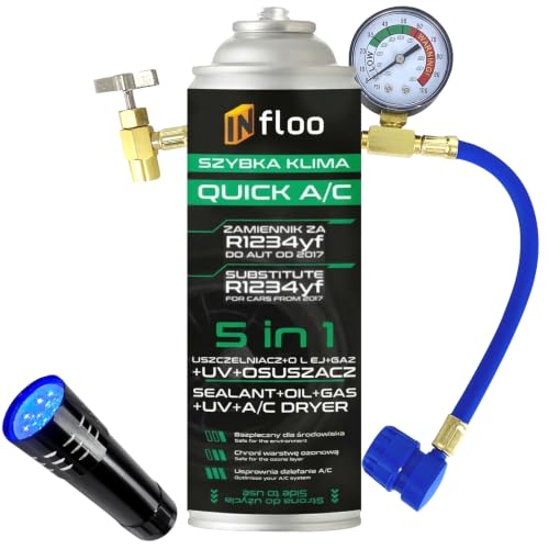 INfloo Quick A/C Sustituto de R1234yf 5 en 1 205 g | Gas + Aceite + Sellador + Tinte UV + Desecante | Kit Aire Acondicionado Coche con Manguera Manómetro LP, Linterna UV y Guantes