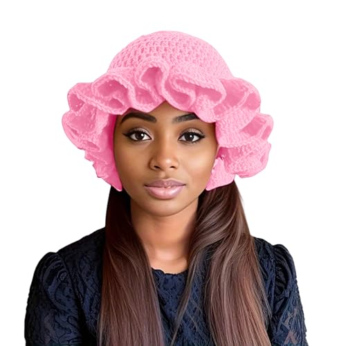 Image of Women Crochet Bucket Hat Cute Winter Ruffled Brim Floppy Cap Handmade Knit Cloche Hats