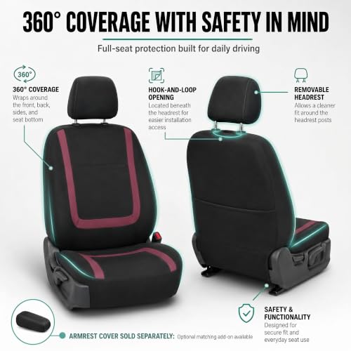 Image of FH Group Car Seat Covers Front Set in Cloth - Car Seat Covers for Low Back Car Seats with Removable Headrest, Universal Fit, Automotive Seat Covers, Car Seat Cover for SUV, Sedan, Van Burgundy
