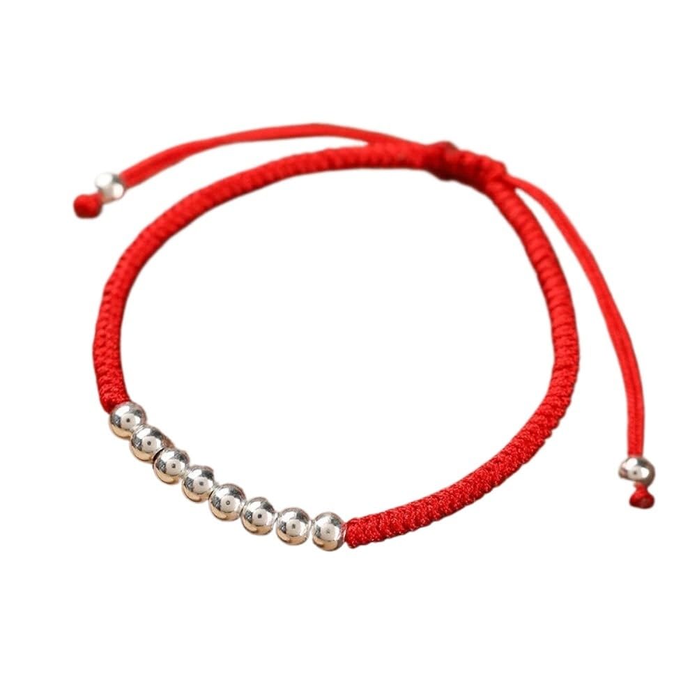 Bracciale Rigido in Argento for Donna, Bracciale Intrecciato in Corda Rossa con Perline in Argento S925 Braccialetti dell'amicizia Regolabili Gioielli di Moda fortunati