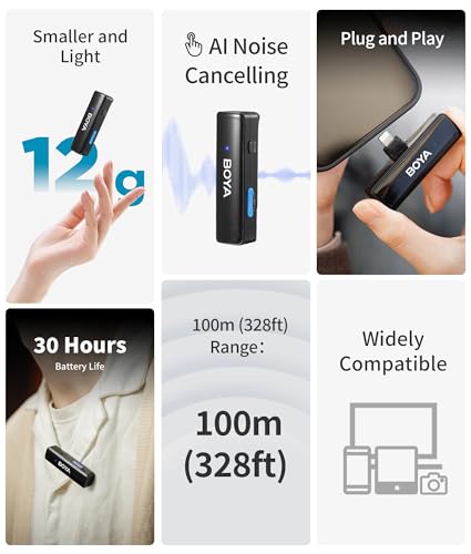 Microphone cravate sans fil BOYA Type C et reflex avec réduction de bruit