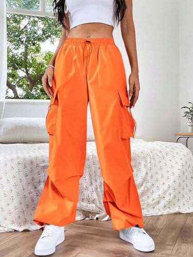 Womens Dopamine Orange Solid Color Drawstring Cargo Pants Loose Extra Long Pant Trousers for Women3