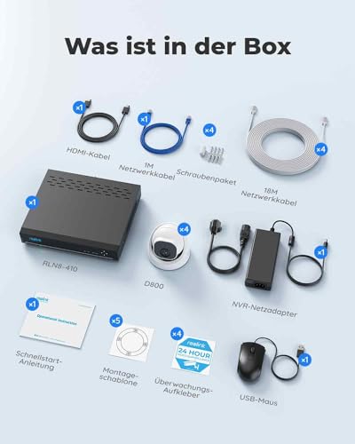 Reolink 4K Überwachungskamera Aussen Set, 4X 8MP PoE IP Kamera Überwachung mit Smarter Personenerkennung und Fahrzeugerkennung, 8CH 2TB HDD NVR für 24/7 Videoüberwachung, 30M Nachtsicht, RLK8-800D4