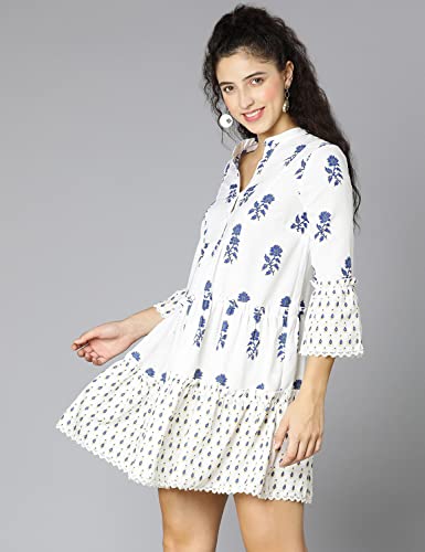 Image of oxolloxo Women Viscose Flared Regular Sleeves Floral Blue Casual Dress