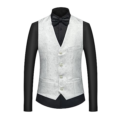 UNINUKOO Mens Slim Fit Suit 3 Piece 1 Button Paisley Prom Floral Wedding Tuxedo for Men US Size L White3
