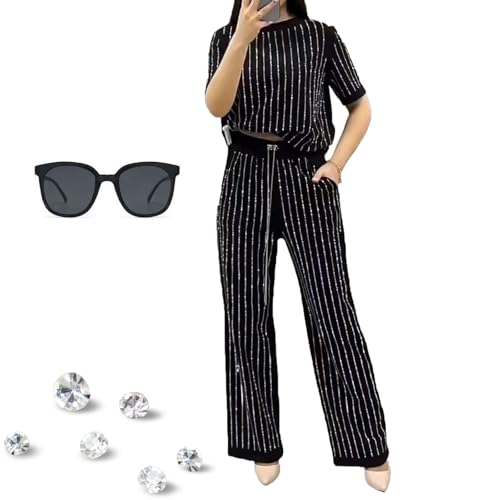2025 Women's Casual Solid Color Round Neck Hot Diamond Short Sleeve Two-piece Suit, Elegant Stripe Wide Leg Pants 2 Piece Set