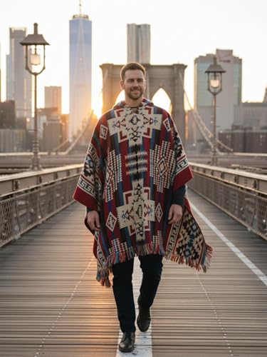 Image of Wool Poncho Adult Ponchos With Hood for men Alpaca Poncho Men Artesanal Ponchos Adult Alpaca Mens Panchos