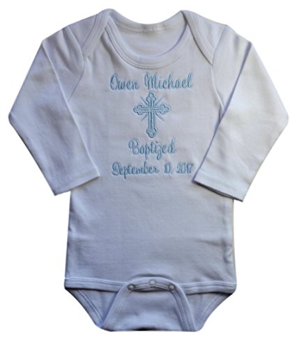 Funny Girl Designs Baby Boys Personalized Christening Keepsake Romper Outfit Embroidered with Name and Baptism Date (6-12 Months Short Sleeve, Blue)