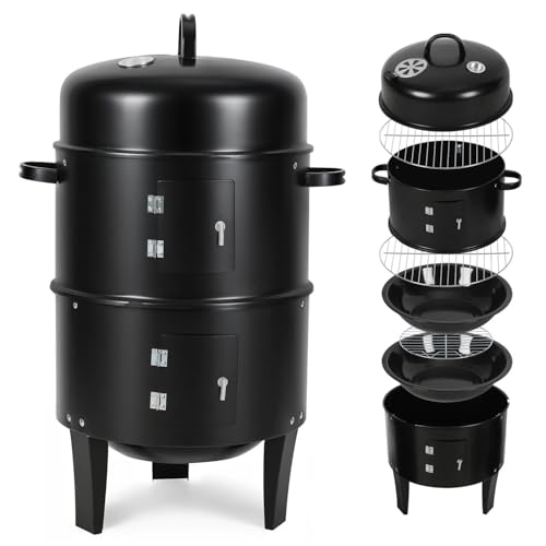Hebitod 3 in 1 Räucherofen Smoker Grill mit Thermometer, Holzkohle Räuchertonne mit 2 Türen, 2 Ebenen & regulierbarer Lüftungsklappe, kompakter BBQ Holzkohlegrill für Garten, Balkon & Camping