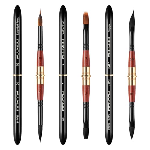 3pcs Dual-Tip Travel Watercolor Brushes - 6 Tip Styles Fuumuui Sable Synthetic Squirrel Hair Travel Brushes Set with Leather Pouch Perfect for Watercolor Gouache Ink Painting