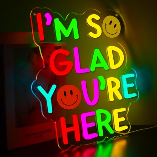 Image of I'm So Glad You're Here Neon Signs Classroom Encourage Neon Lights Wall Decor,Positive Affirmation Motivational Quote,GIft Art for Boys Girls Kids,Friends,Family-13.2 x 12.2 IN-USB Powered-Acrylic