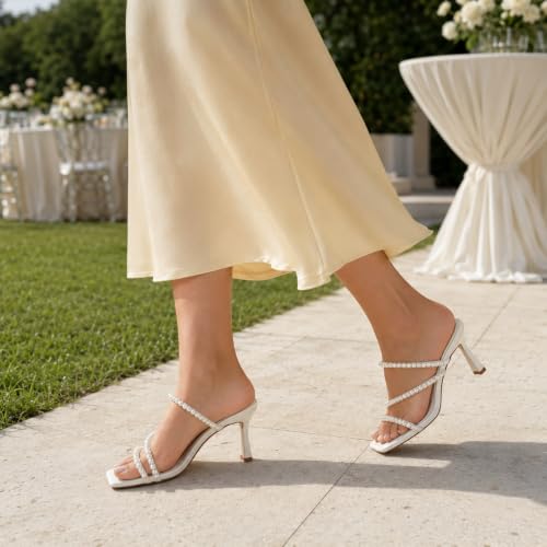 Image of Shoe'N Tale Strappy Kitten Heels For Women Stiletto Mules Square Open Toe Slip On Sandals