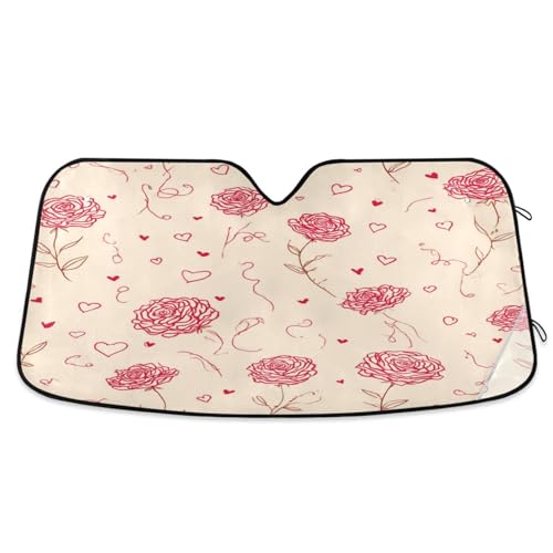 pnyoin Valentines Rose Simple Lline Car Windshield Sun Shade Accordion Folding Sunshade Front Window Protector UV Rays Sun Visor for Car Easy Setup Keeps Your Vehicle Cool
